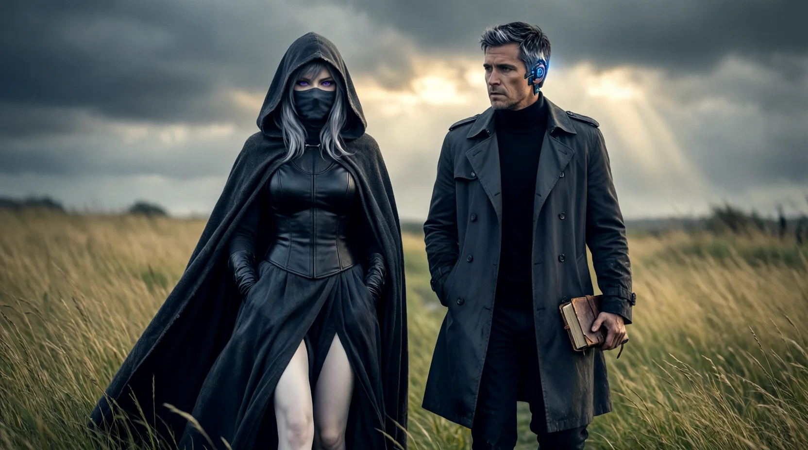 Two figures standing in windswept grass