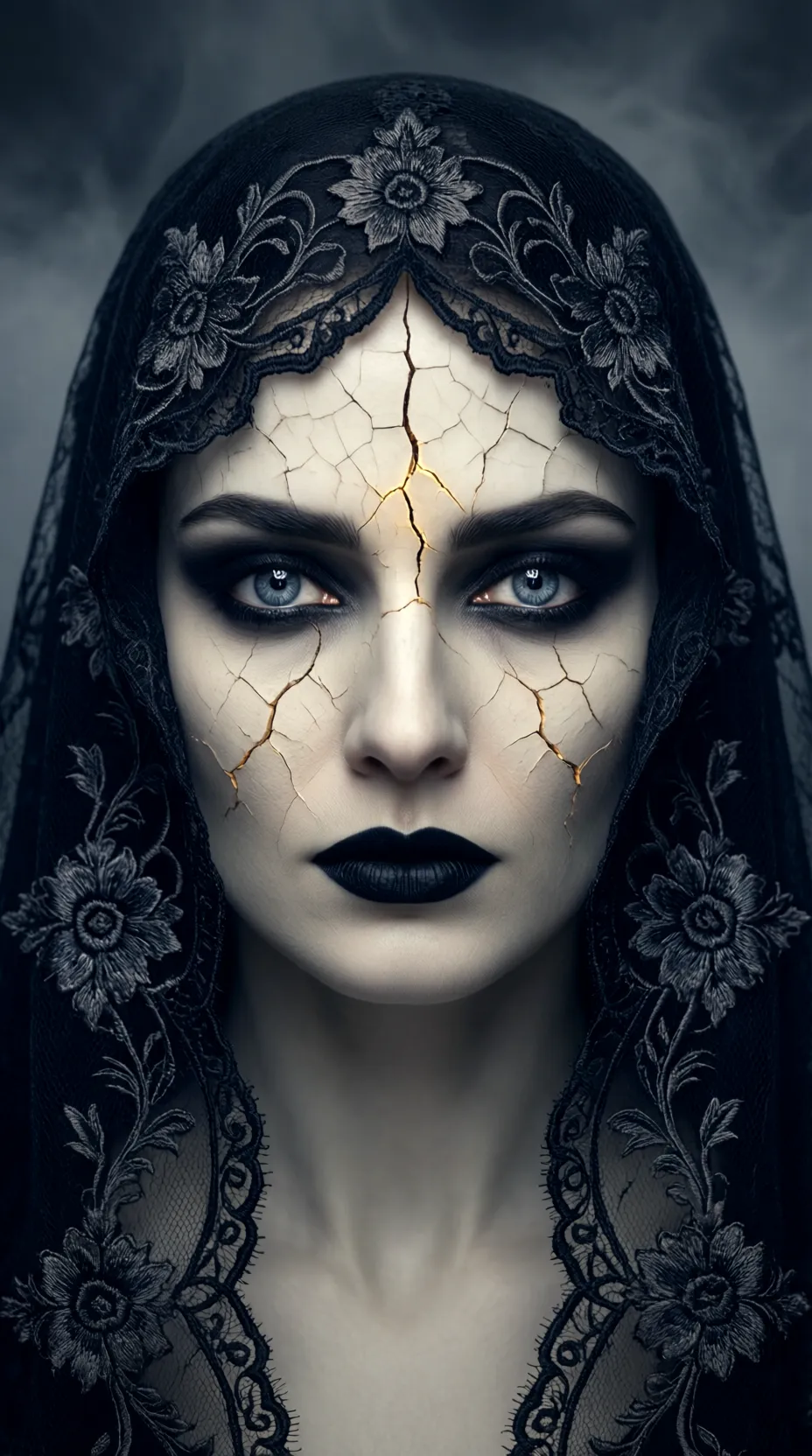 Veiled woman with cracked porcelain skin and gold light