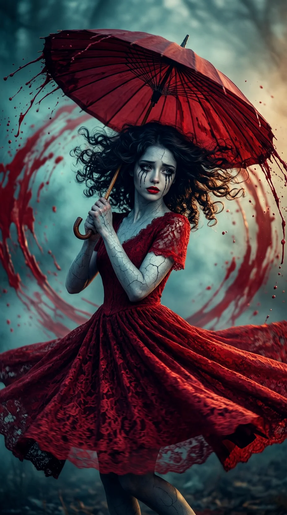 Woman in red dress with crimson umbrella